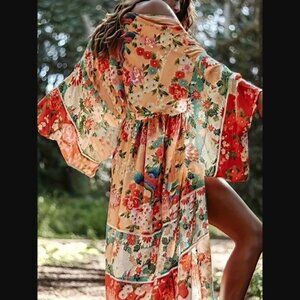 Orange Floral Kimono Beach Swim Coverup with Tie NEW